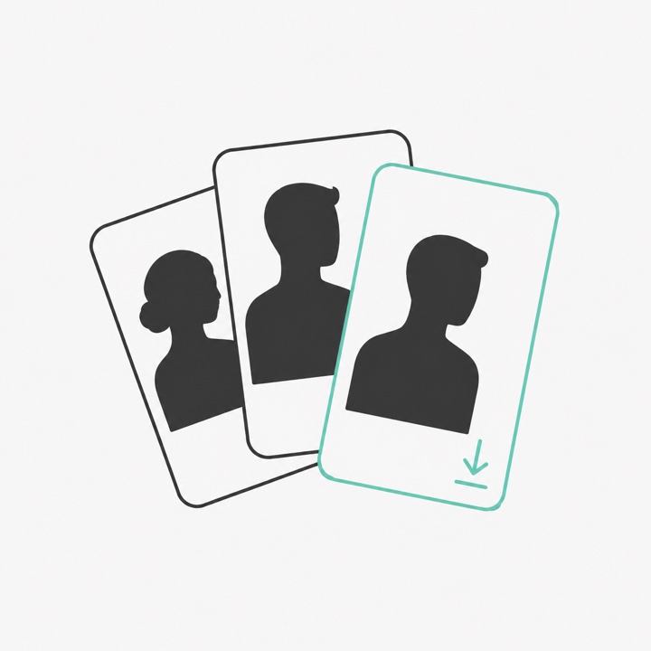 Illustration of three photo cards, the front one ready to download